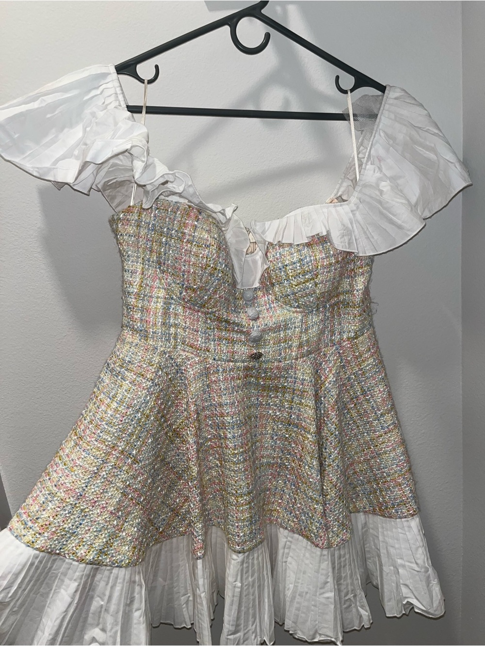 ASOS White Ruffle Mini Dress with Pastel Tweed Sz 10